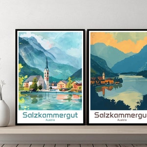 Salzkammergut Austria Poster Travel Print Austria Salzkammergut Canvas Poster Cityscape Art Designer Wall Austria Retro Gift Illustration