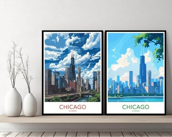 Poster di viaggio con lo skyline di Chicago, Illinois, stampa di viaggio, Chicago, Great Lake Michigan, poster da parete su tela, paesaggio urbano, regalo di design, illustrazione degli Stati Uniti, decorazione