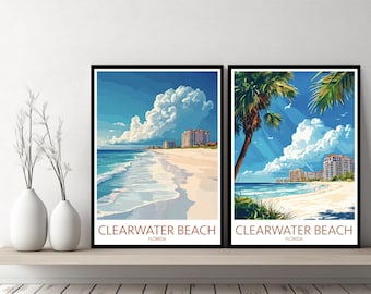 Poster di viaggio di Clearwater Beach, Florida, stampa di Clearwater Beach, Golfo del Messico, poster da parete su tela, paesaggio urbano, regalo di design, illustrazione degli Stati Uniti, decorazione