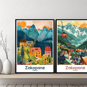 Póster de Zakopane, Polonia, impresión de viaje, montañas Tatra, lienzo, paisaje urbano, arte de pared, diseño de pared, Polonia, Zakopane, regalo retro, ilustración