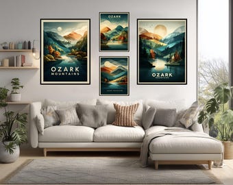 Ozark Mountains Missouri Arkansas Poster Print, Retro Nature Wall Art, USA National Forest Decor, Geometric Art Deco Style Gift, Travel