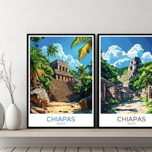 Póster de Chiapas, México, impresión de viaje, ruinas de Palenque, Chiapas, Oaxaca, lienzo, póster de pared, paisaje urbano, diseñador, ilustración retro de México, decoración.