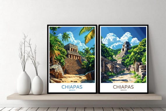 Chiapas Mexico Poster Travel Print Palenque Ruins Chiapas Oaxaca Canvas Wall Poster Cityscape Designer Retro Mexico Illustration Decor