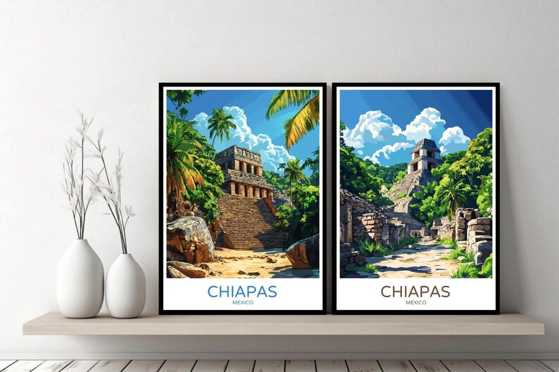 May include: Two framed prints of jungle scenes with ancient Mayan ruins in Chiapas, Mexico. The prints feature lush greenery, blue skies, and the text "CHIAPAS MEXICO".