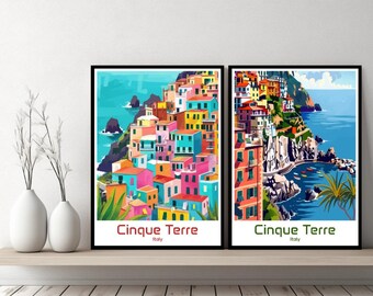 Cinque Terre Italy Poster Travel Print Cinque Terre Canvas Poster Cityscape Designer Wall Adventure Retro Gift Illustration Home Decor