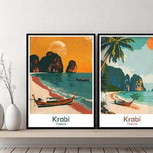 Krabi Thailand Poster Travel Print Thailand Krabi Canvas Wall Poster Cityscape Designer Retro Gift Thailand Illustration Decor