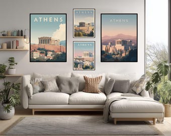 Retro Minimalist Travel Poster Of Acropolis Athens Greece Classical Architecture Parthenon Mediterranean Wall Art