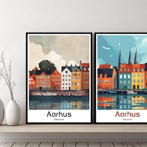 Aarhus Poster Reise Dänemark Aarhus Print Leinwand Poster Stadtbild Kunst Designer Wand Aarhus Dänemark Retro Geschenk Illustration