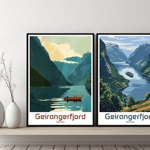 Geirangerfjord Norway Poster Travel Print Norway Geirangerfjord Canvas Poster Cityscape Art Designer Wall Norway Retro Gift Illustration