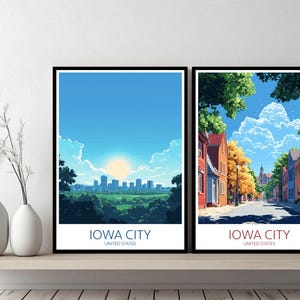 Póster de viaje de Iowa City, Estados Unidos, con el horizonte del estado de Iowa, EE. UU., lienzo, arte de pared, póster, regalo de diseñador, ilustración digital, decoración del hogar