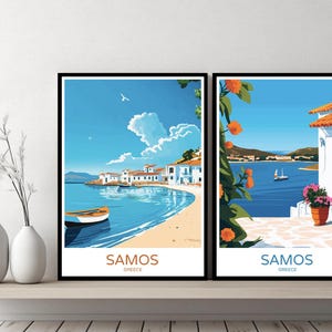 Samos Greece Poster Travel Print Samos Aegean Sea Chios Dodecanese Canvas Wall Poster Cityscape Designer Gift Greece Illustration Decor