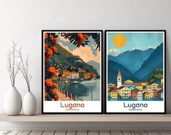 Lugano Switzerland Poster Travel Print Switzerland Lugano Canvas Poster Cityscape Art Designer Wall Switzerland Retro Gift Illustration