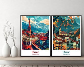 Bern Switzerland Poster Travel Print Switzerland Bern Canvas Poster Cityscape Art Designer Wall Switzerland Retro Gift Illustration