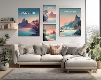 Póster tropical moderno de Río de Janeiro, Brasil, arte de pared minimalista y vibrante, Pan de Azúcar, Cristo Redentor, playa.