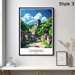 May include: A colorful illustration of an ancient Mayan temple in Chiapas, Mexico. The temple is surrounded by lush green trees and a stone path leads to the entrance. The sky is blue with white clouds.
