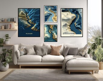Abstract Geometric Poster Of Po River Italy Modern Mapping Style Minimalist Topographic Blue And Gold Contemporary Travel Wall Art Print