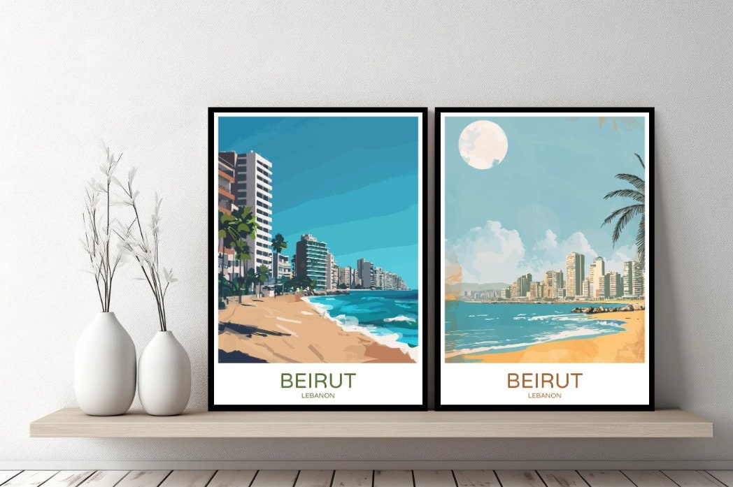 Beirut Libanon Poster Reise Druck Beirut Skyline Stadt Strand Leinwand Wandbild Stadtbild Designer Retro Libanon Illustration Dekor