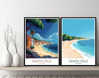 Pôster de viagem de Santa Cruz, Califórnia, Praia de Santa Cruz, Baía de Monterey, pôster de parede em tela, paisagem urbana, presente de designer, ilustração dos EUA, decoração
