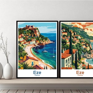 Póster de viaje de Èze, Francia, impresión de lienzo de la playa de Eze, póster de paisaje urbano, diseño de pared, Francia, regalo retro, ilustración