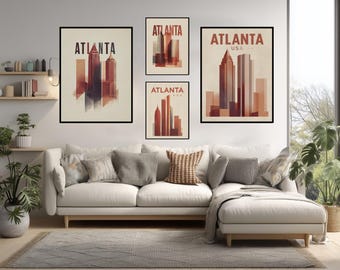 Atlanta Typographic Travel Poster, Modern USA City Skyline Print, Terracotta Wall Art, Editorial Style Atlanta Decor Illustration