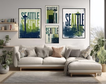 Seattle Typographic Poster Art, Modern Design With Space Needle, Green And Navy Color Scheme, Rain Inspired Pattern, Washington Travel Print