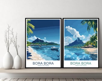 Poster di viaggio di Bora Bora, Polinesia francese, stampa di viaggio, poster da parete su tela, paesaggio urbano, regalo di design, illustrazione della Francia, decorazione