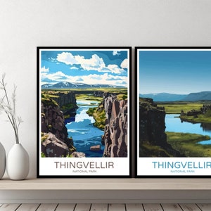 Póster de viaje del Parque Nacional de Thingvellir, Islandia. Impresión en lienzo del Parque de Thingvellir. Póster de pared con paisaje urbano. Regalo de diseñador. Ilustración de Islandia. Decoración.