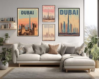 Poster di viaggio vintage di Dubai, arte murale minimalista retrò, skyline del Burj Khalifa, illustrazione del deserto