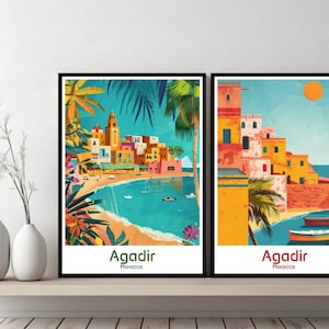 Agadir Marokko Poster Reisedruck Agadir Marokko Leinwand Poster Stadtbild Designer Wand Abenteuer Retro Geschenk Illustration Home Decor