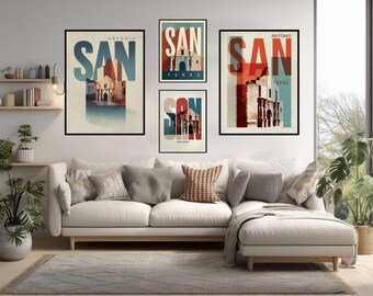 San Antonio Texas Typographic Travel Poster Modern City Wall Art Bold Geometric Alamo River Walk Design Red Tan Turquoise Print