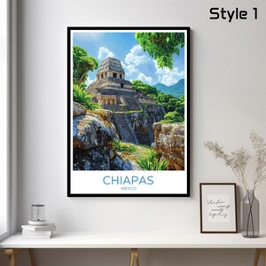 May include: A colorful illustration of an ancient Mayan temple in Chiapas, Mexico. The temple is surrounded by lush green foliage and a blue sky with white clouds. The text "CHIAPAS MEXICO" is printed below the image.
