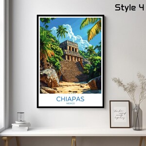 May include: A vintage travel poster featuring a colorful illustration of an ancient Mayan temple in Chiapas, Mexico. The poster has a blue sky with white clouds, green palm trees, and a stone staircase leading up to the temple.