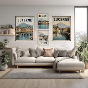 Affiche de voyage minimaliste moderne de Lucerne avec vue sur le pont de la chapelle et le lac des Alpes – Art mural suisse élégant pour les amoureux des voyages et de la nature