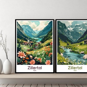 Alpes du Zillertal Autriche affiche voyage impression Autriche Alpes du Zillertal toile affiche paysage urbain art designer mur Autriche cadeau rétro illustration