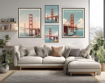 Póster de viaje retro minimalista del puente Golden Gate de San Francisco en colores pastel, perfecto para el arte mural moderno de California y la decoración del hogar.