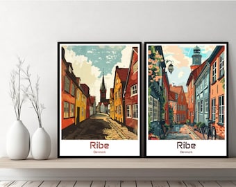Ribe Poster Travel Denmark Ribe Print Canvas Poster Cityscape Art Designer Wall Ribe Denmark Retro Gift Illustration