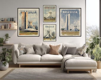 Vintage Brasília Travel Poster Featuring National Congress And Cathedral Of Brasília In Retro Minimal Modern Style Wall Art Print
