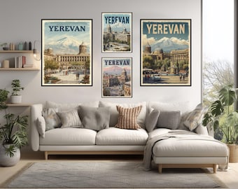 Yerevan, Armenia, poster di viaggio vintage, arte murale retrò, Monte Ararat, Piazza della Repubblica, architettura