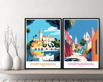 Portmeirion Gales Cartel Viaje Impresión Portmeirion Gwynedd Río Dwyryd Lienzo Pared Cartel Paisaje Urbano Diseñador Regalo Gales Ilustración Decoración