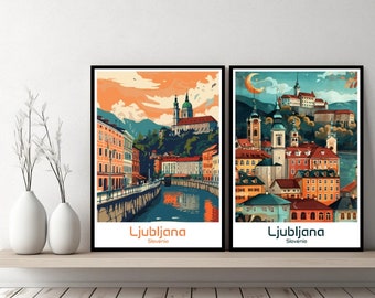 Poster di viaggio di Lubiana, Slovenia, stampa su tela, poster di Lubiana, arte urbana, designer, parete, Slovenia, regalo retrò, illustrazione