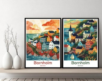 Bornholm Poster Travel Print Denmark Bornholm Island Canvas Poster Cityscape Art Designer Wall Bornholm Denmark Retro Gift Illustration