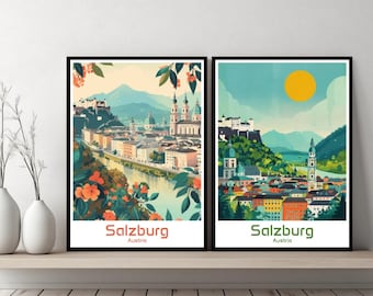 Salzburg Austria Poster Travel Print Austria Salzburg Castle Canvas Poster Cityscape Art Designer Wall Austria Retro Gift Illustration