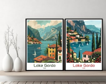 Lake Garda Italy Poster Travel Print Lake Garda Italy Canvas Poster Cityscape Designer Wall Art Adventure Retro Gift Illustration Home Decor