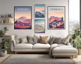 Poster di viaggio ultramoderno di Edimburgo, illustrazione futuristica e minimalista della città, castello, città vecchia, arte murale
