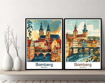 Cartaz de Bamberg, Alemanha, impressão de viagem, Alemanha, Bamberg, pôster em tela, paisagem urbana, arte, designer de parede, Alemanha, Bamberg, retro, presente, ilustração