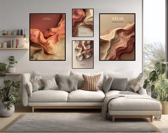 Atlas Mountains Abstract Poster Modern Topographic Map Art Terracotta Gold Beige Geometric Wall Print Elegant Travel Design Decor