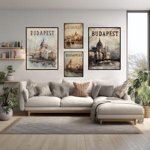 Budapest Travel Poster Vintage Style - Romantic Retro Hungary Wall Art with Parliament & Chain Bridge - Minimalist European Decor