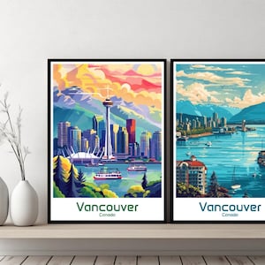 Vancouver Canada Poster Travel Print British Columbia River Canvas Poster Cityscape Designer Wall Art Adventure Canada Gift Illustration