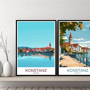 Konstanz Germany Poster Travel Print Lake Konstanz Baden-Württemberg Canvas Wall Poster Cityscape Designer Gift Germany Illustration Decor