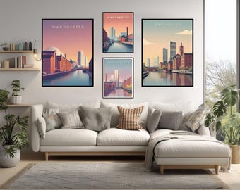 Poster di viaggio ultramoderno di Manchester, illustrazione futuristica e minimalista della città del Regno Unito, skyline e canali, arte murale